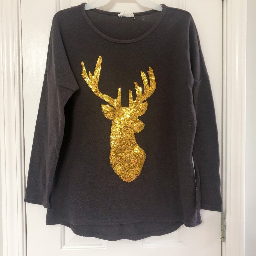 STYLE ROCK • Gold Sequins Deer Stag Brown Fleece Tunic Top